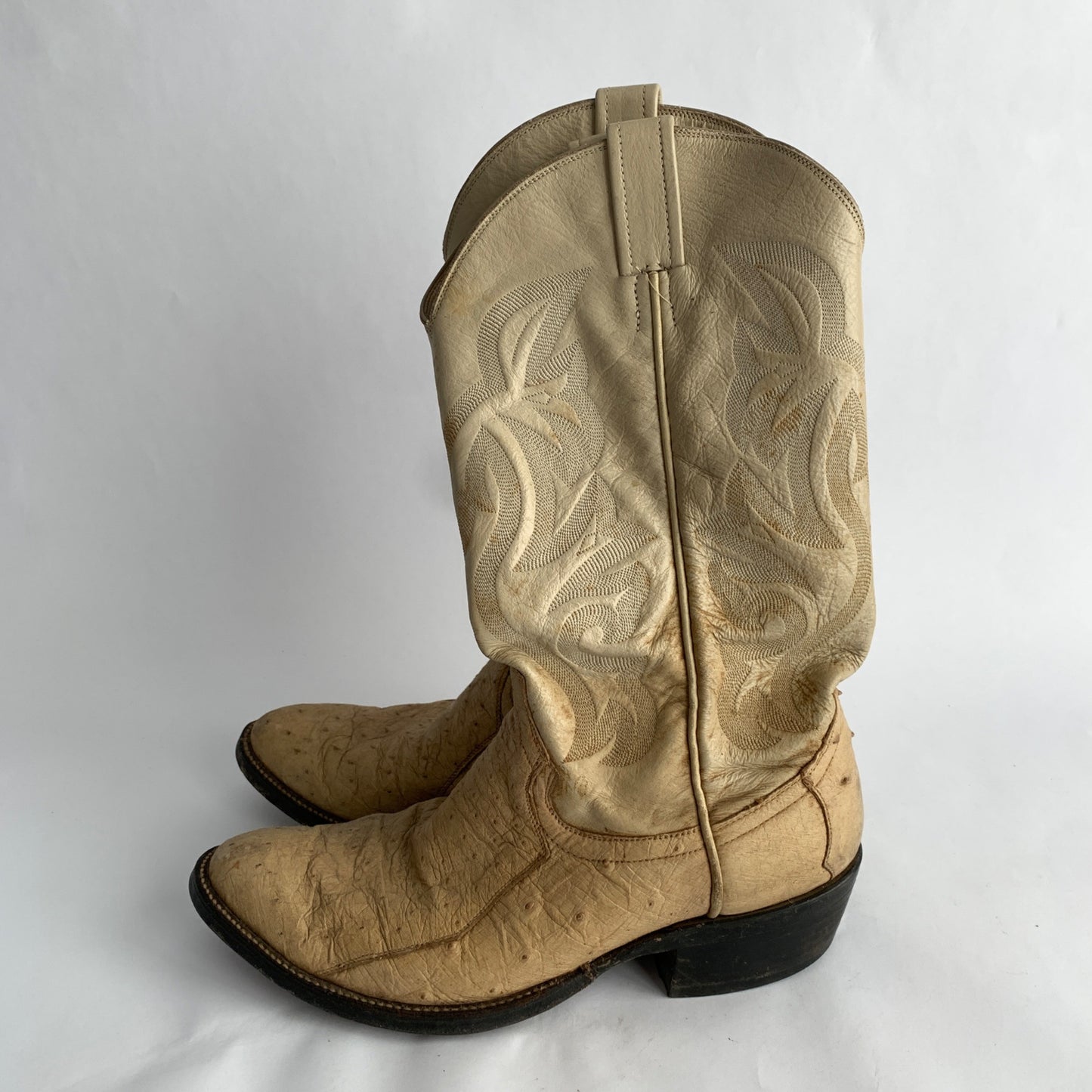 Vintage Cream White Leather Men's Cowboy Boots Ostrich 9 EE