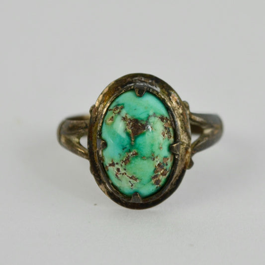 Vintage Silver Metal Turquoise Stone Ring Unknown Metal Unknown Stone Size 8.5