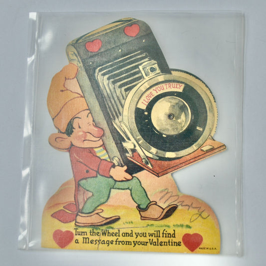 Vintage Valentine's Day Card Elf Camera Mechanical Articulating Turn Wheel