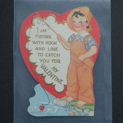 Vintage Valentine Card Boy Fishing Hook and Line