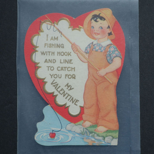 Vintage Valentine Card Boy Fishing Hook and Line