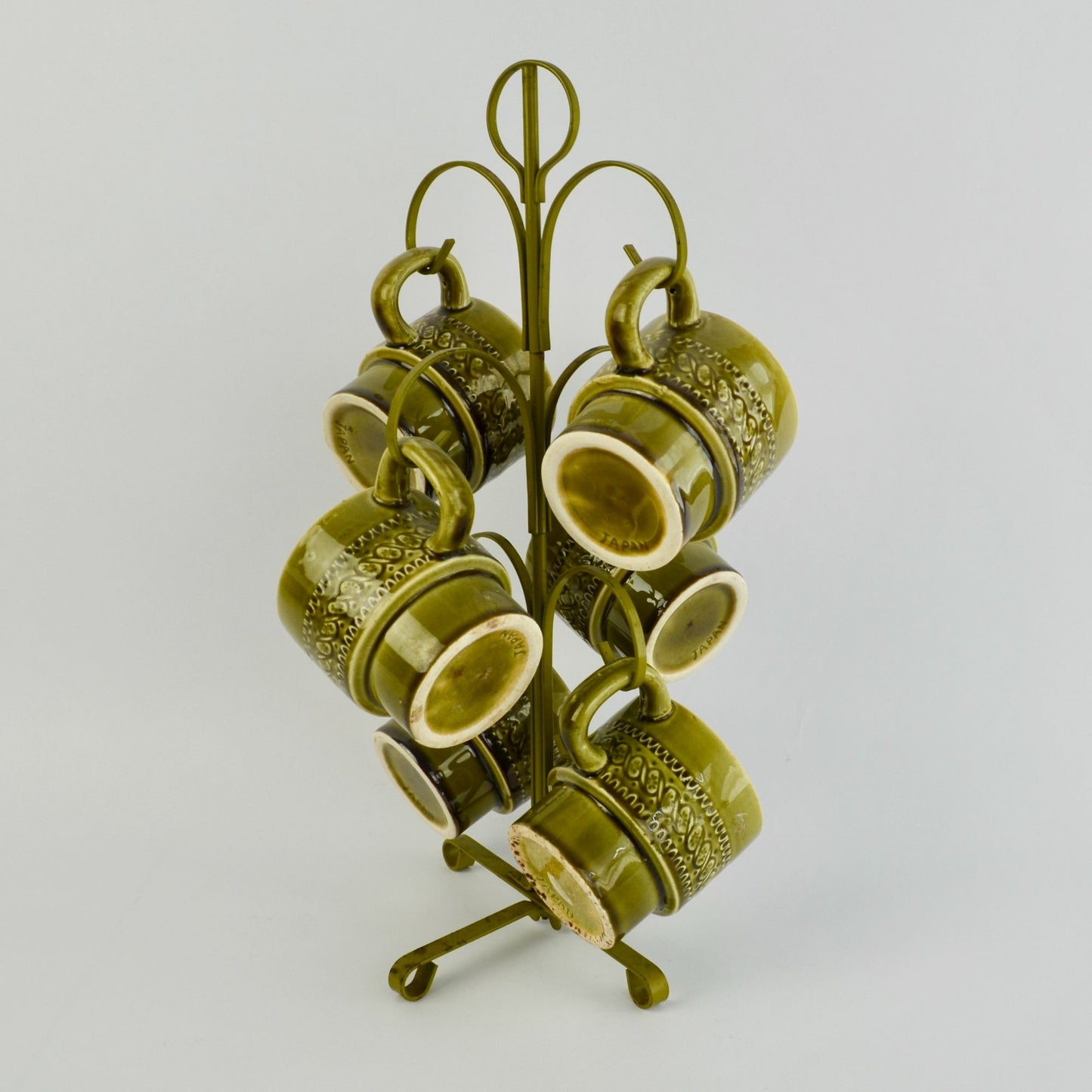 Vintage Avocado Green Japan Coffee Mugs Set of 6 With Storage Tree