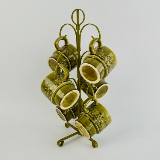 Vintage Avocado Green Japan Coffee Mugs Set of 6 With Storage Tree