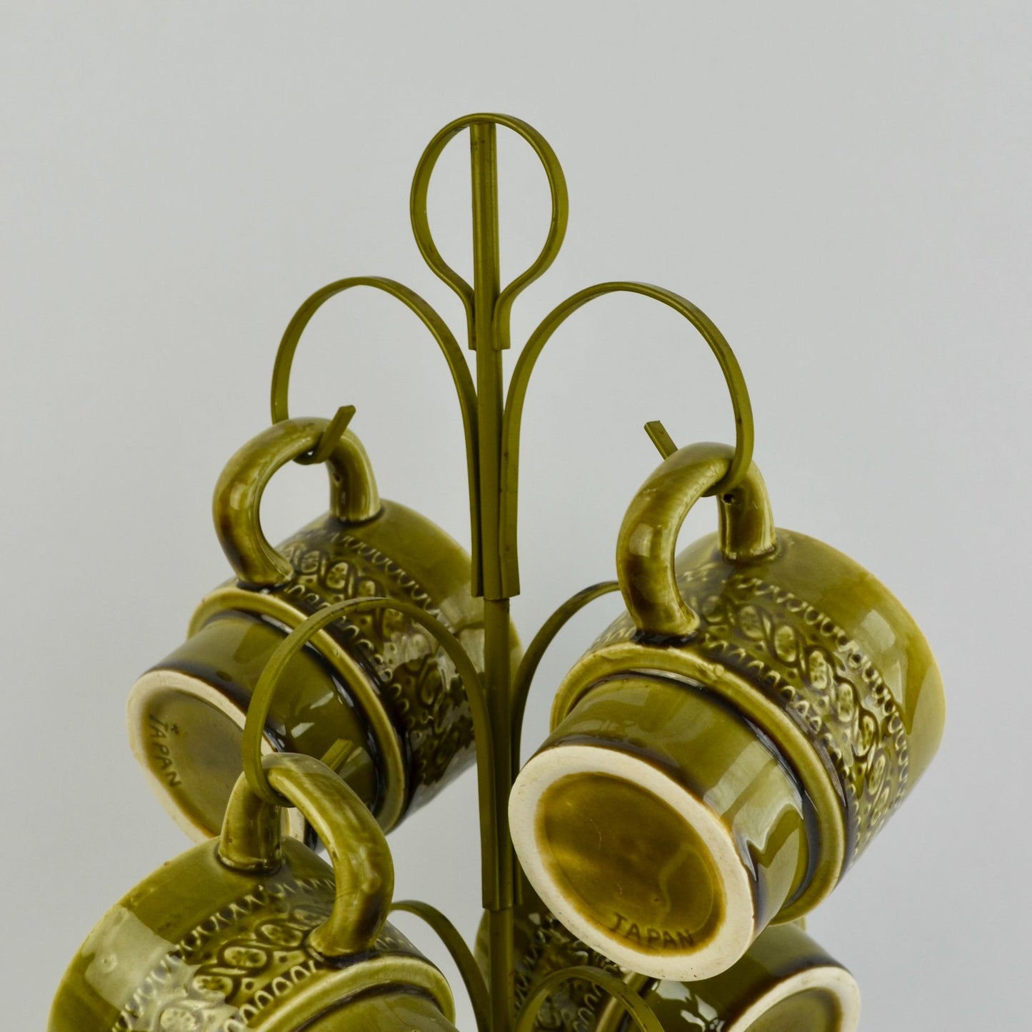 Vintage Avocado Green Japan Coffee Mugs Set of 6 With Storage Tree