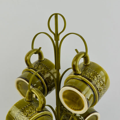 Vintage Avocado Green Japan Coffee Mugs Set of 6 With Storage Tree