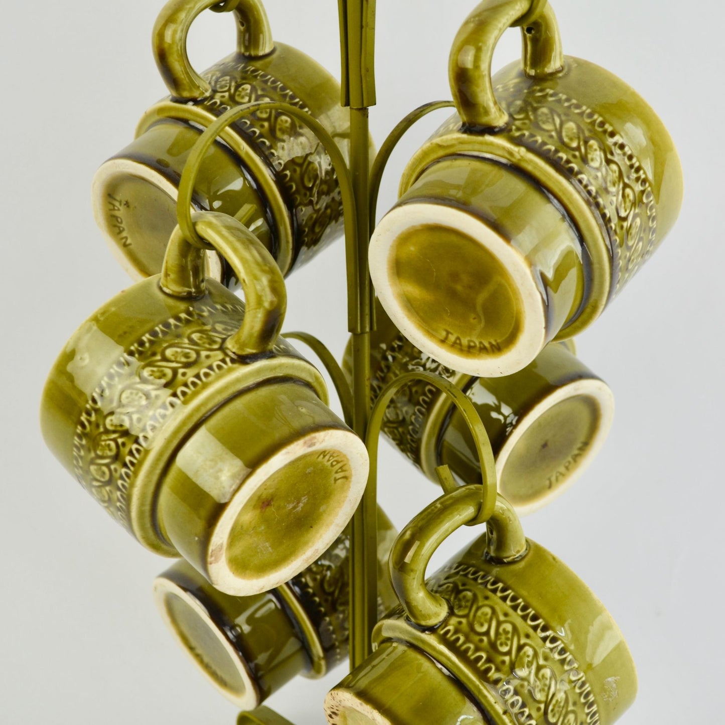 Vintage Avocado Green Japan Coffee Mugs Set of 6 With Storage Tree
