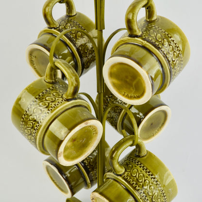 Vintage Avocado Green Japan Coffee Mugs Set of 6 With Storage Tree