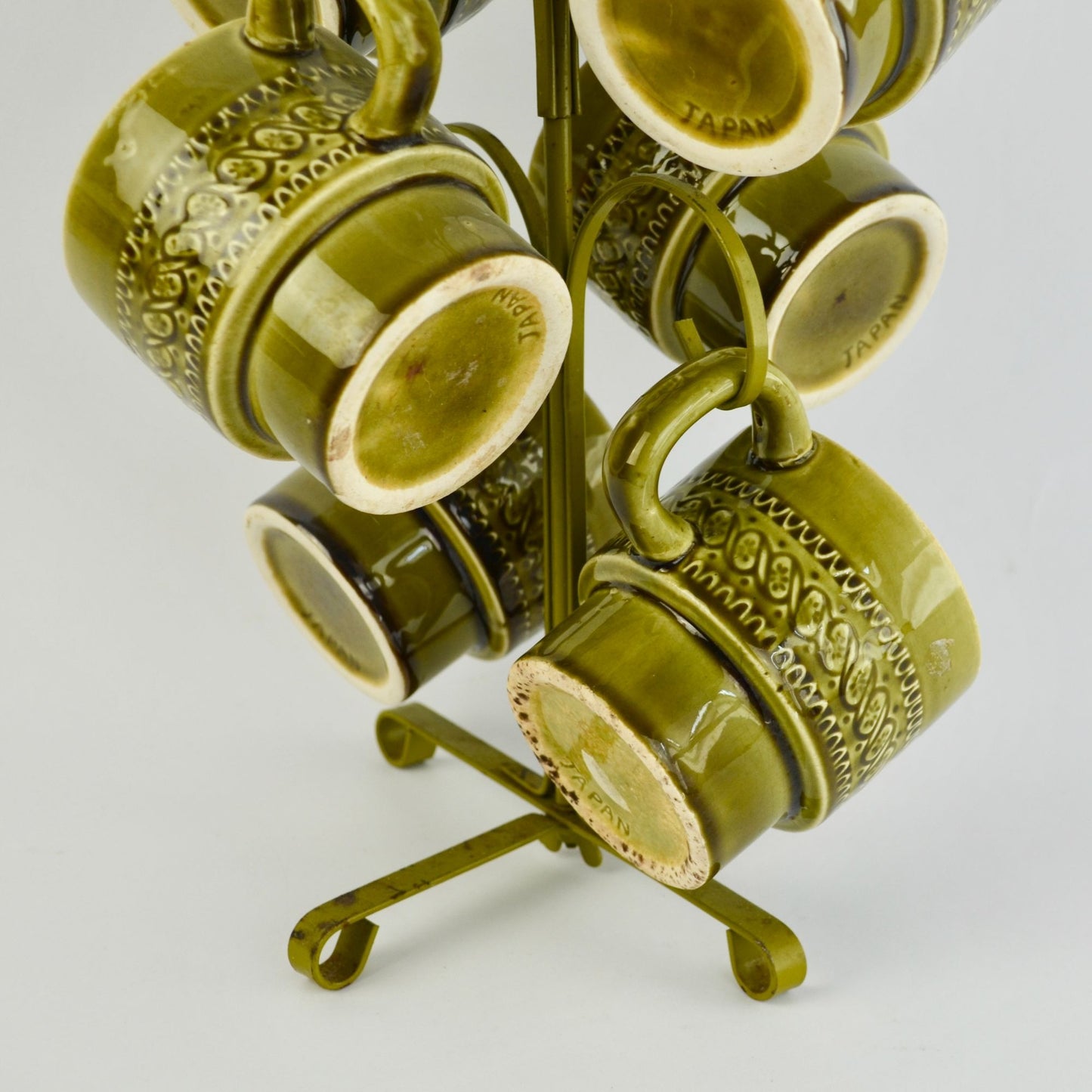Vintage Avocado Green Japan Coffee Mugs Set of 6 With Storage Tree