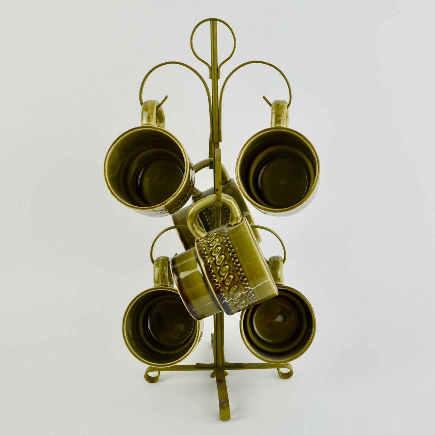Vintage Avocado Green Japan Coffee Mugs Set of 6 With Storage Tree