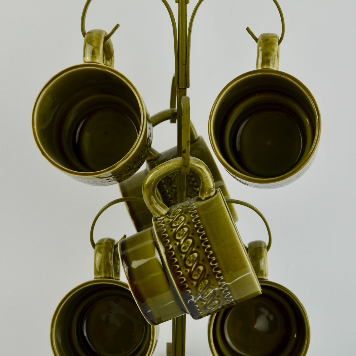 Vintage Avocado Green Japan Coffee Mugs Set of 6 With Storage Tree