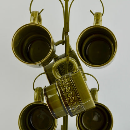 Vintage Avocado Green Japan Coffee Mugs Set of 6 With Storage Tree
