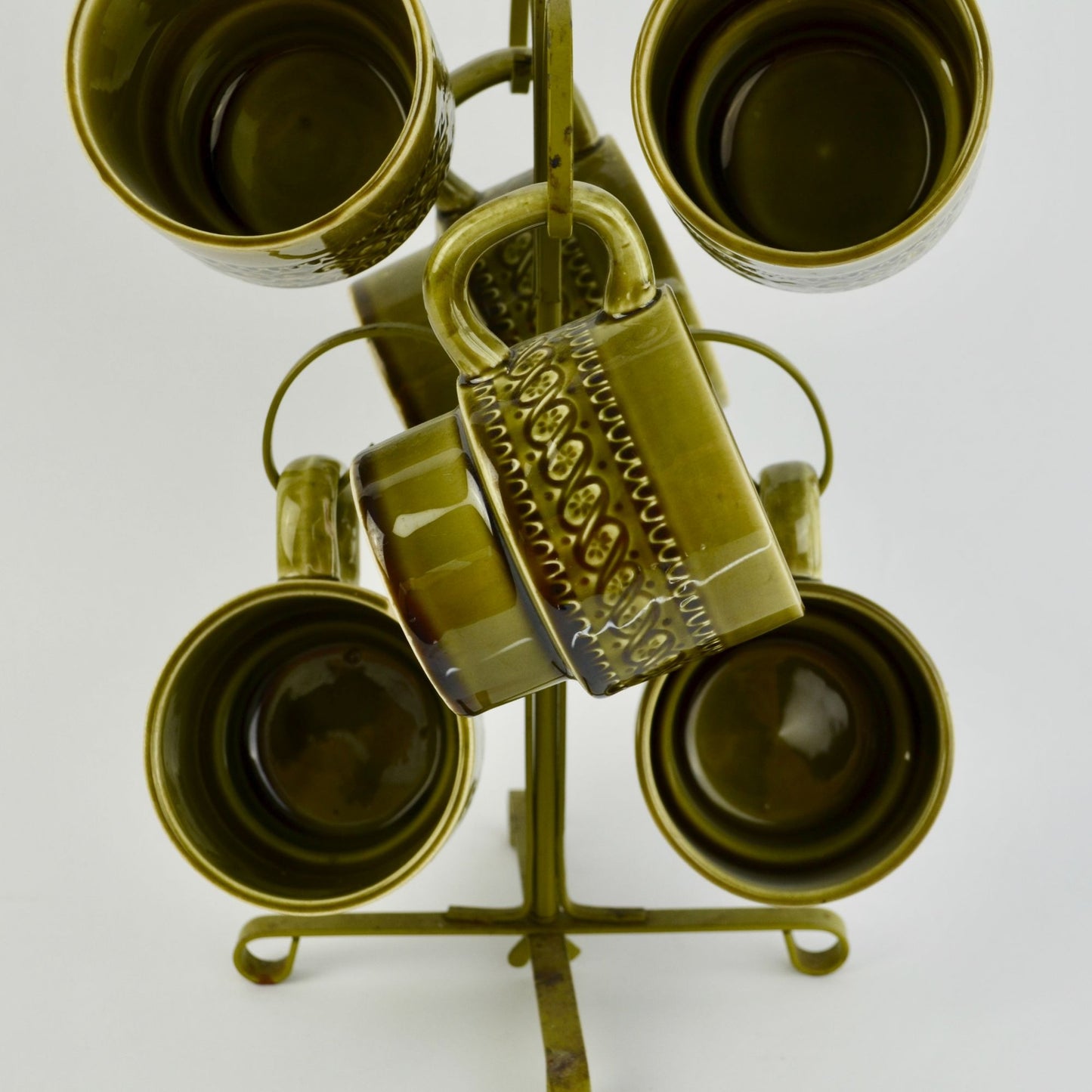 Vintage Avocado Green Japan Coffee Mugs Set of 6 With Storage Tree
