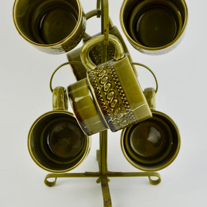 Vintage Avocado Green Japan Coffee Mugs Set of 6 With Storage Tree