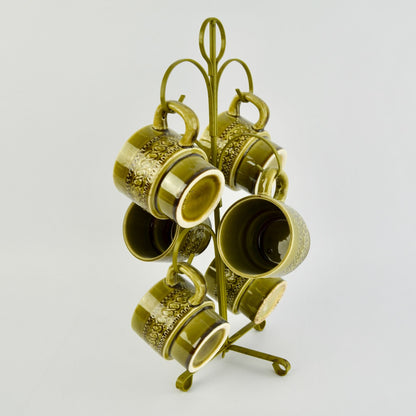 Vintage Avocado Green Japan Coffee Mugs Set of 6 With Storage Tree