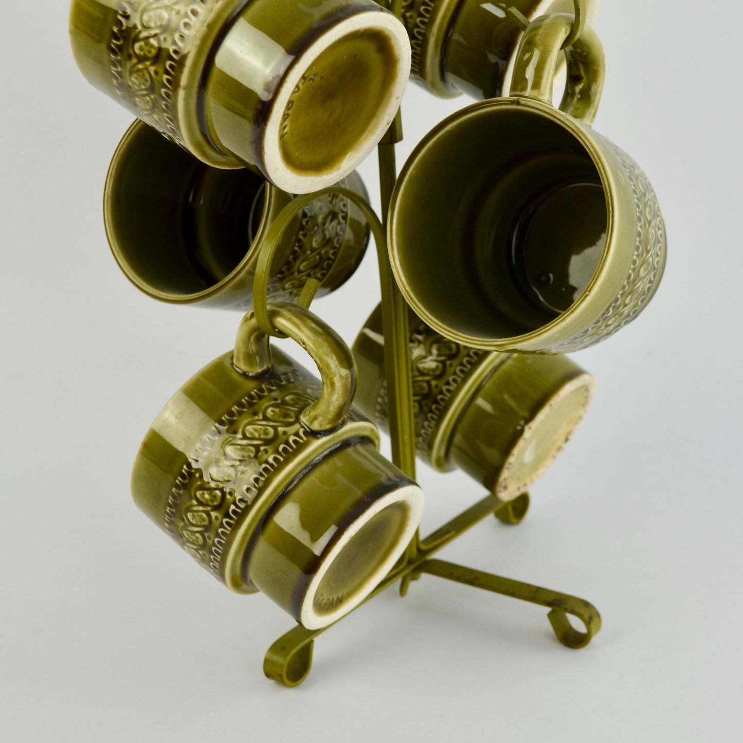 Vintage Avocado Green Japan Coffee Mugs Set of 6 With Storage Tree