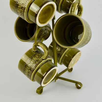 Vintage Avocado Green Japan Coffee Mugs Set of 6 With Storage Tree
