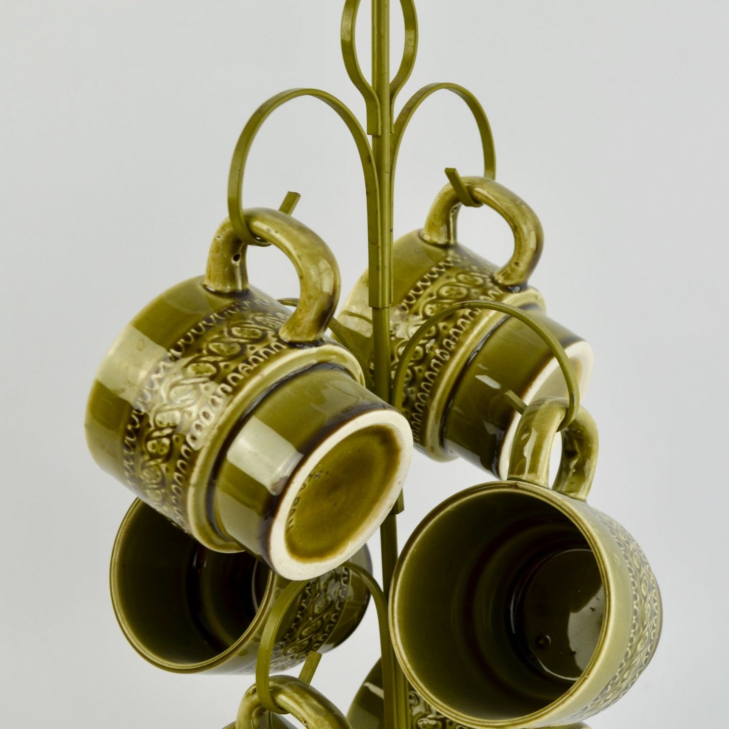 Vintage Avocado Green Japan Coffee Mugs Set of 6 With Storage Tree