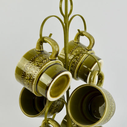 Vintage Avocado Green Japan Coffee Mugs Set of 6 With Storage Tree