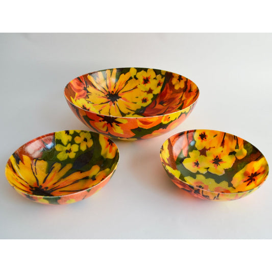 Vintage MCM Floral Flaming Tropical Fiberglass Serving & Salad Bowls Set of 3