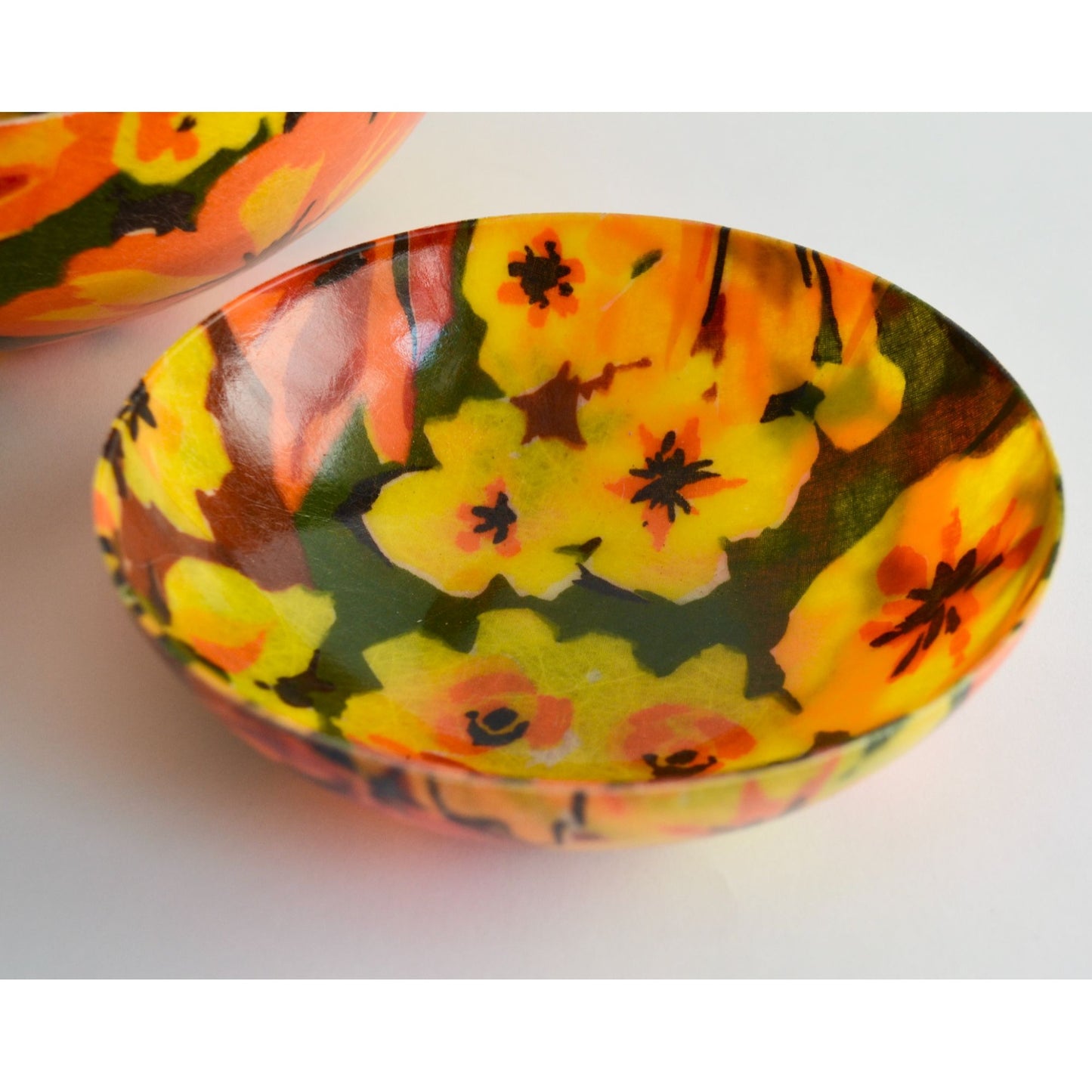 Vintage MCM Floral Flaming Tropical Fiberglass Serving & Salad Bowls Set of 3