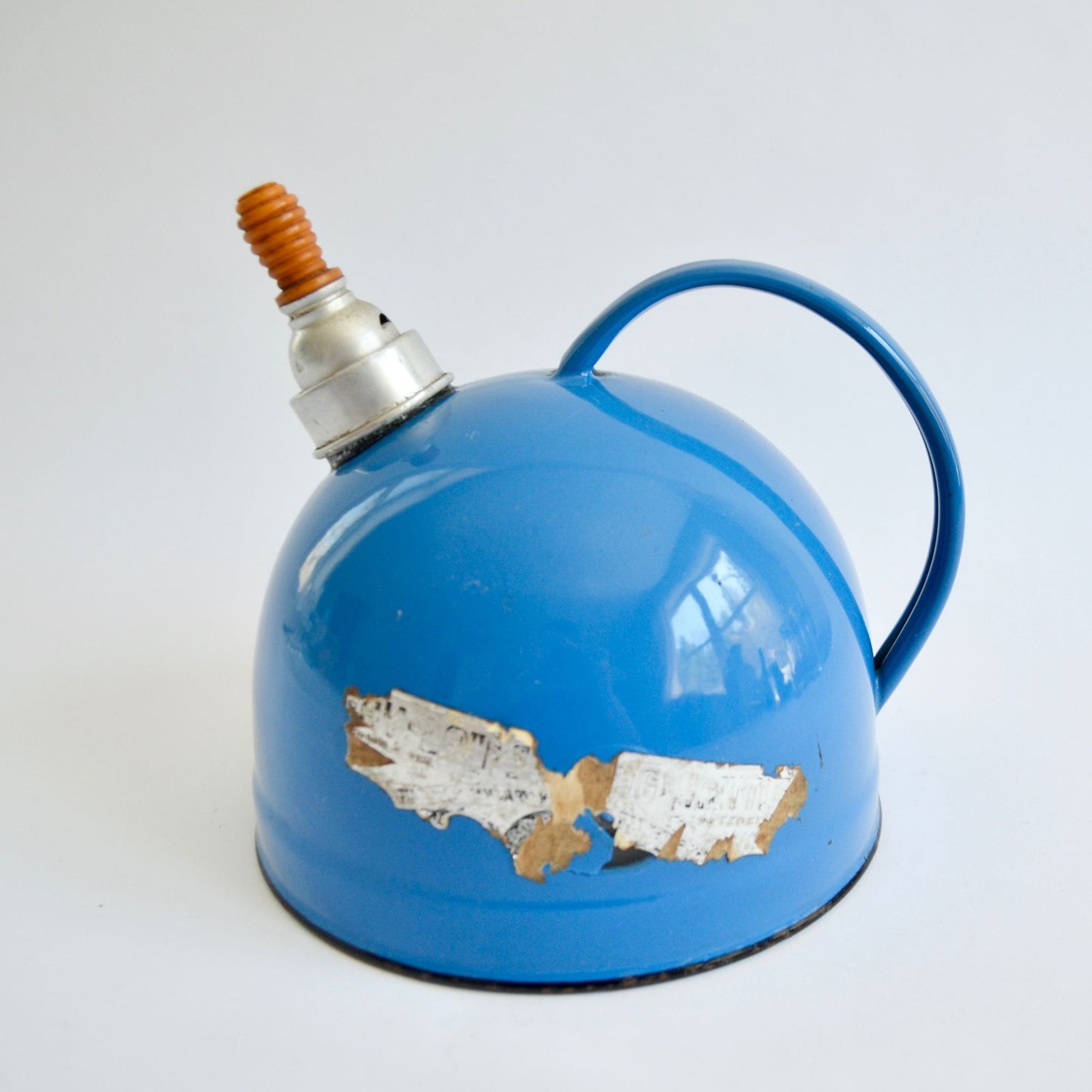 Vintage Blue Enamelware Tea Kettle Whistling Teapot 7"