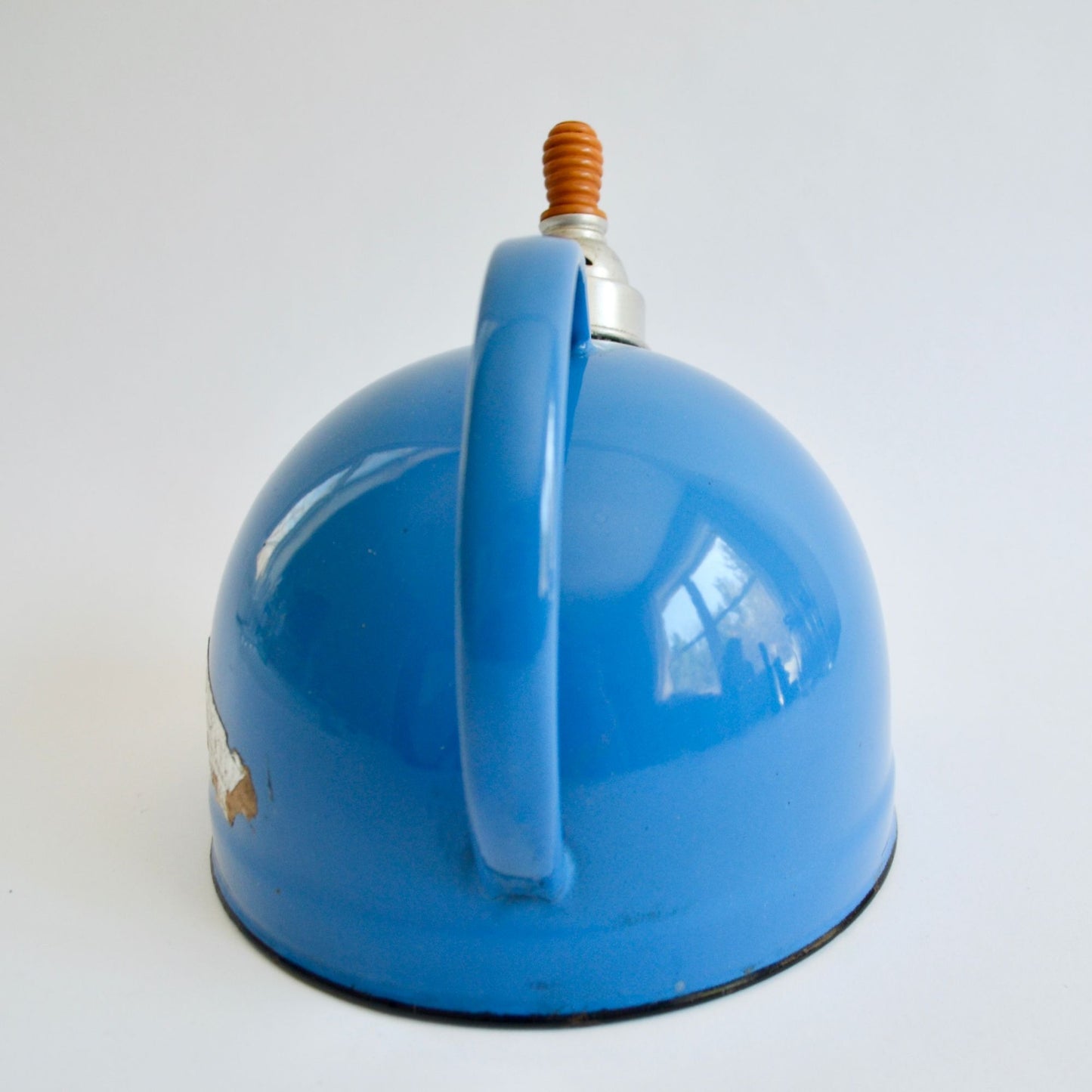 Vintage Blue Enamelware Tea Kettle Whistling Teapot 7"