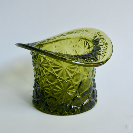 Fenton Green Top Hat Daisy & Button Glass Candy Trinket Dish