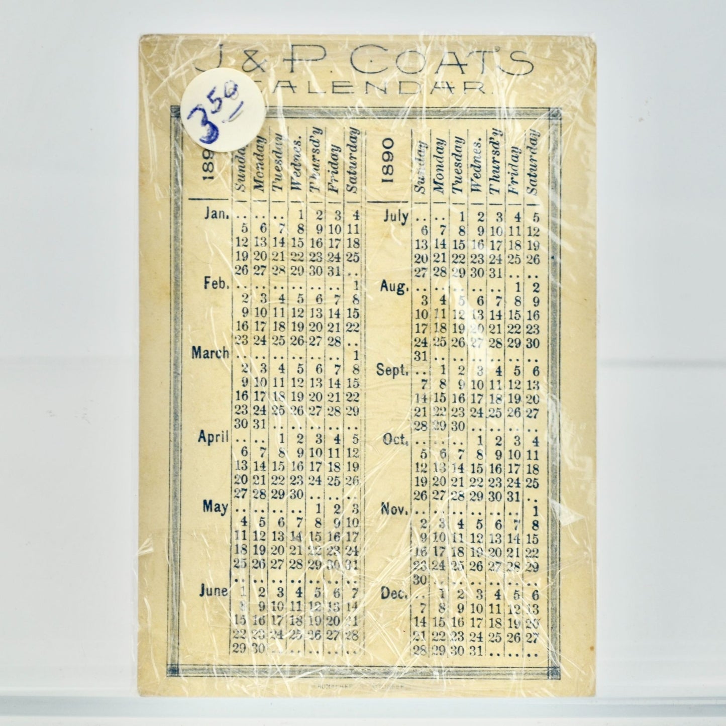 J P Coats 1890 Calendar Victorian Trading Card Antique