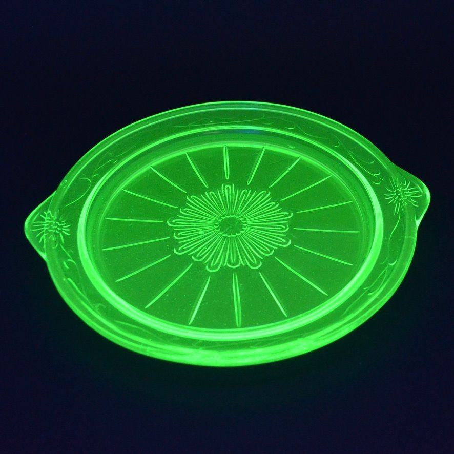 US Glass Tendril Handled Cake Plate Vintage Vaseline Green 9.75"