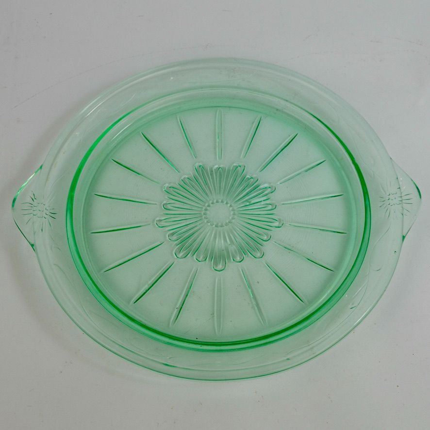 US Glass Tendril Handled Cake Plate Vintage Vaseline Green 9.75"