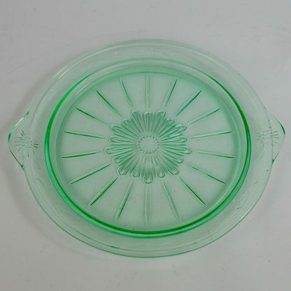 US Glass Tendril Handled Cake Plate Vintage Vaseline Green 9.75"