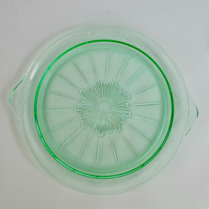 US Glass Tendril Handled Cake Plate Vintage Vaseline Green 9.75"