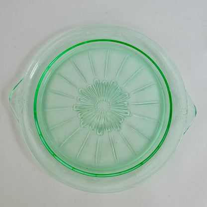 US Glass Tendril Handled Cake Plate Vintage Vaseline Green 9.75"