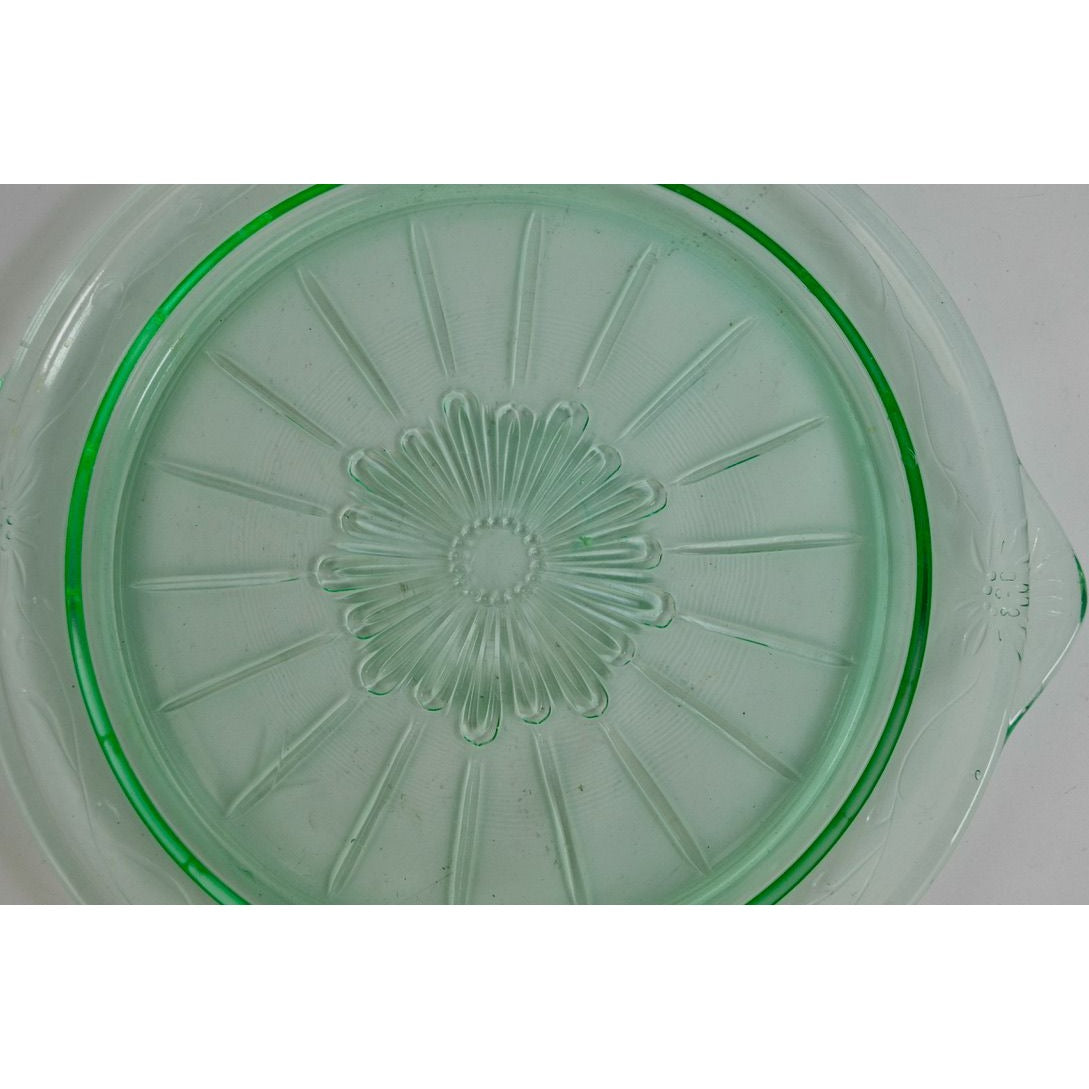 US Glass Tendril Handled Cake Plate Vintage Vaseline Green 9.75"