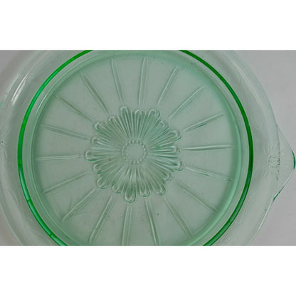 US Glass Tendril Handled Cake Plate Vintage Vaseline Green 9.75"