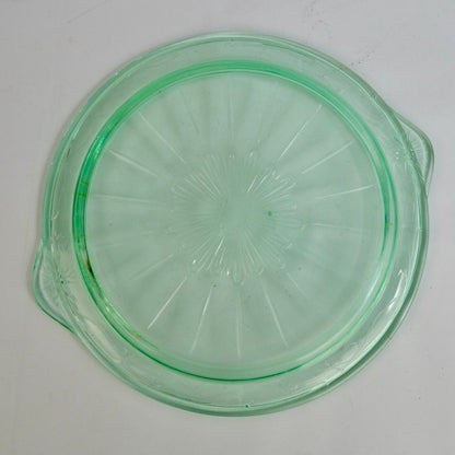 US Glass Tendril Handled Cake Plate Vintage Vaseline Green 9.75"