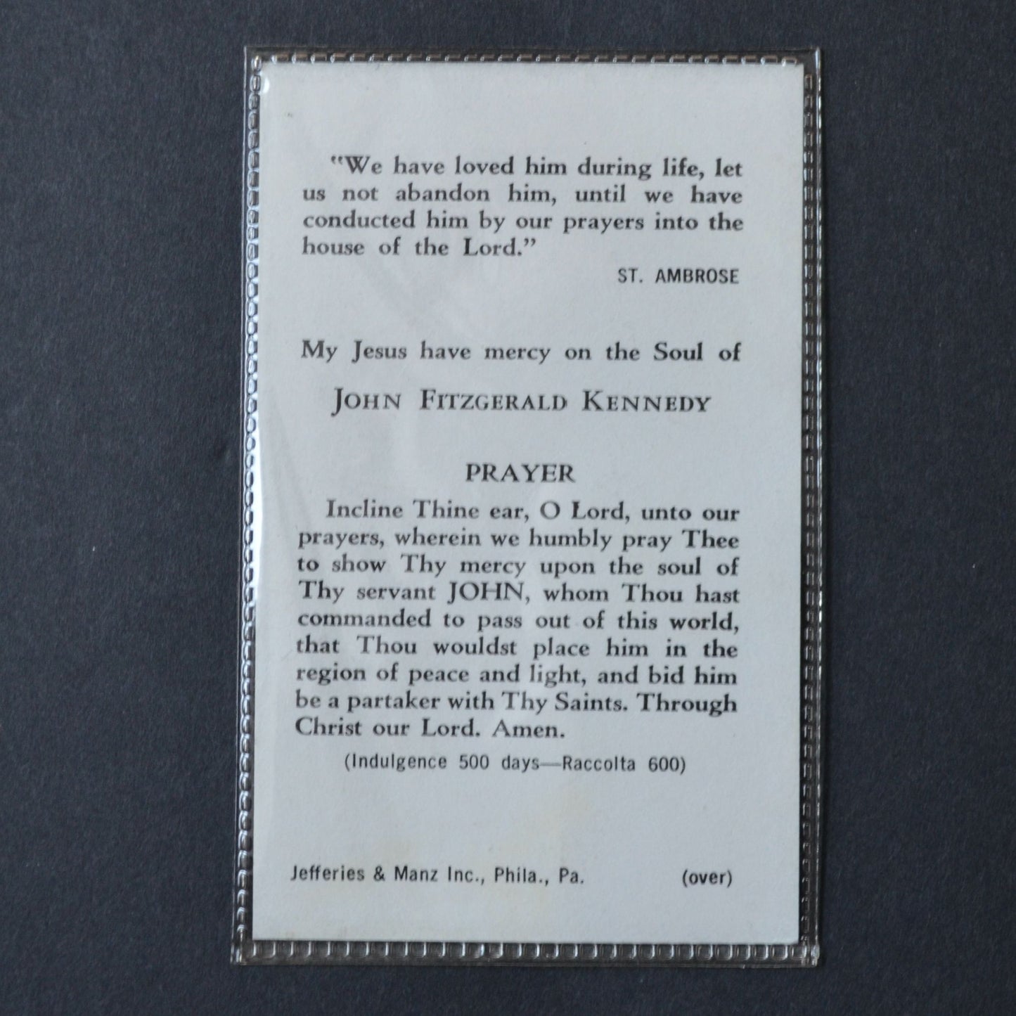 John Fitzgerald Kennedy Memorial Prayer Card 1963 Sealed Laminated