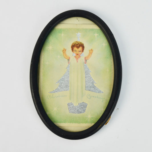 Vintage Oval Framed Christmas Greetings Glitter Angel Print