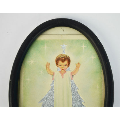 Vintage Oval Framed Christmas Greetings Glitter Angel Print