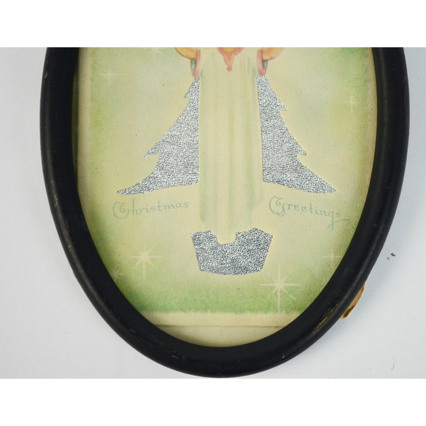 Vintage Oval Framed Christmas Greetings Glitter Angel Print