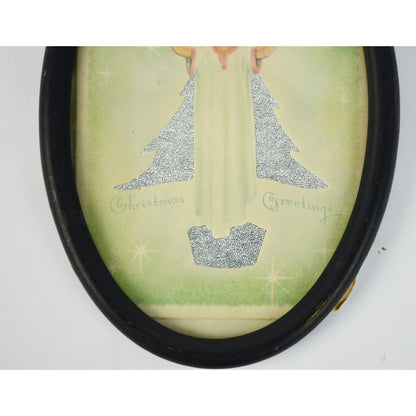 Vintage Oval Framed Christmas Greetings Glitter Angel Print