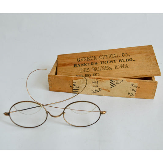 Vintage Wire Rim Eyeglasses Gold Filled 10K Antique Bifocal w/ Wood Case