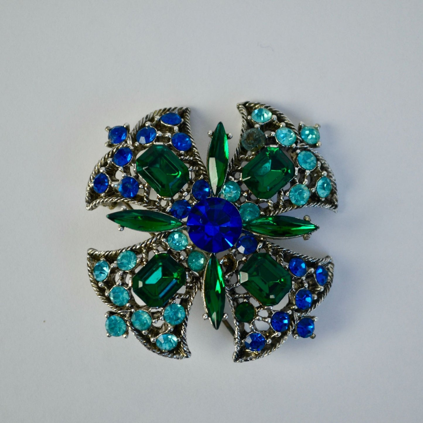 Vintage Blue Rhinestone Brooch Missing 1 Stone & Missing Clasp Piece