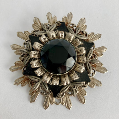 Vintage Silver & Black Floral Starburst Snowflake Brooch Black Stone Unsigned