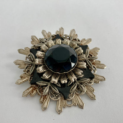 Vintage Silver & Black Floral Starburst Snowflake Brooch Black Stone Unsigned