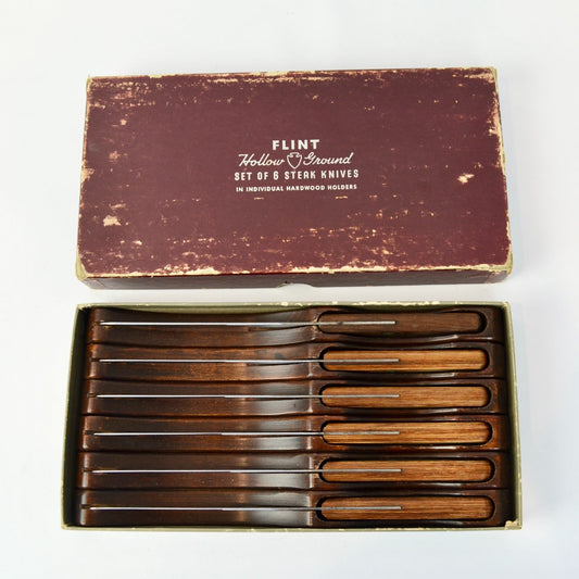 Flint Hollow Ground Set of 6 Steak Knives Vintage Individual Hardwood Holders In Box