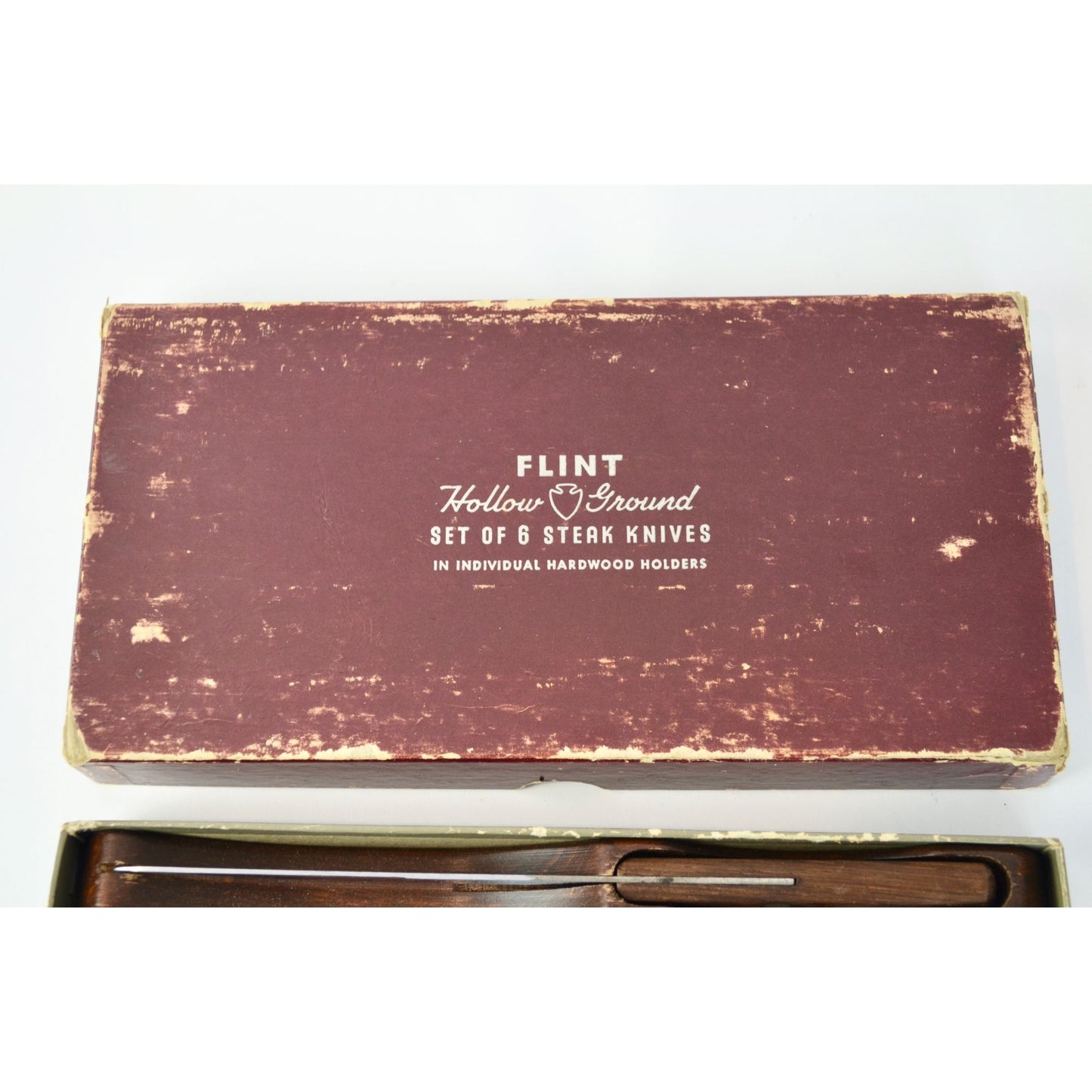Flint Hollow Ground Set of 6 Steak Knives Vintage Individual Hardwood Holders In Box