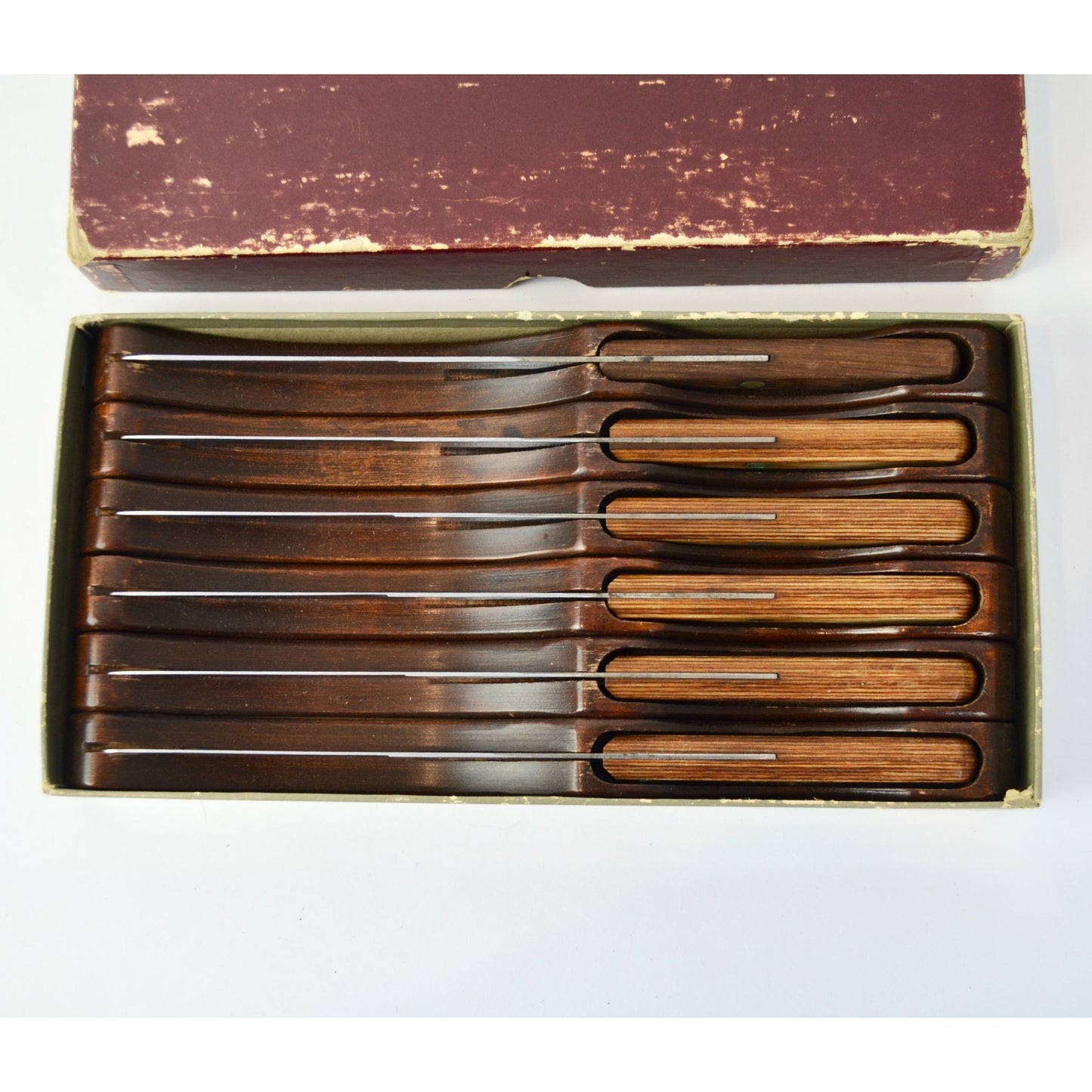 Flint Hollow Ground Set of 6 Steak Knives Vintage Individual Hardwood Holders In Box