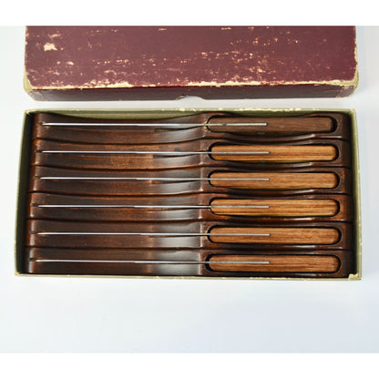 Flint Hollow Ground Set of 6 Steak Knives Vintage Individual Hardwood Holders In Box