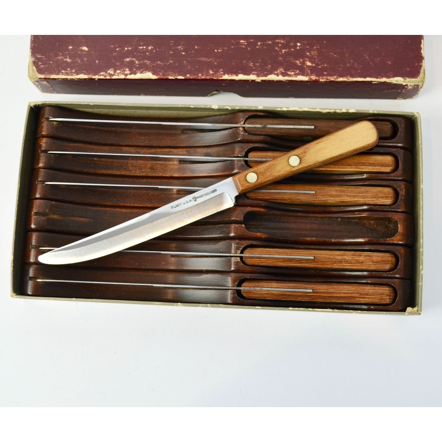 Flint Hollow Ground Set of 6 Steak Knives Vintage Individual Hardwood Holders In Box